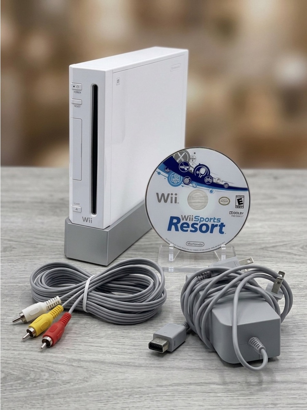 TESTED NINTENDO WII CONSOLE - Power/Composite Cables/Stand/Game (No Controllers)